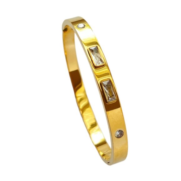 GOLD BANGLE BRACELET WITH CRYSTAL AND PEARLS, GREAT STACKING BRACELETS - Picture 1 of 3